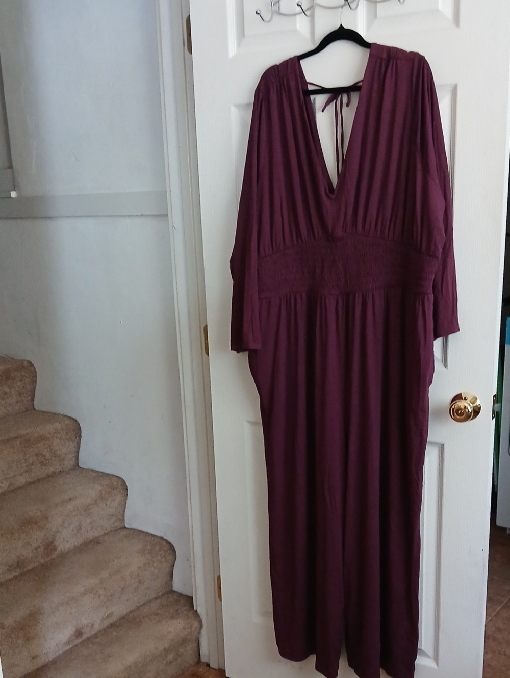 Plum V-Neck Jumpsuit with Smocked Waist